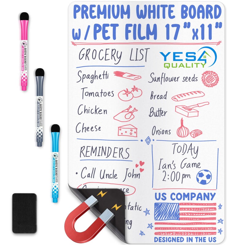 YES4QUALITY Magnetic Dry Erase White Board Sheet for Fridge - 17x11 - Stain Resistant Technology with 3 Markers & Big Eraser with Magnet - Small Refrigerator Whiteboard Planner Organizer - by Yes4Quality - Image 1